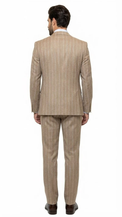 Men's Beige Pinstripe Three-Piece Vested Suit – Tailored Fit Business Attire in Tan Stripe by Rossiman