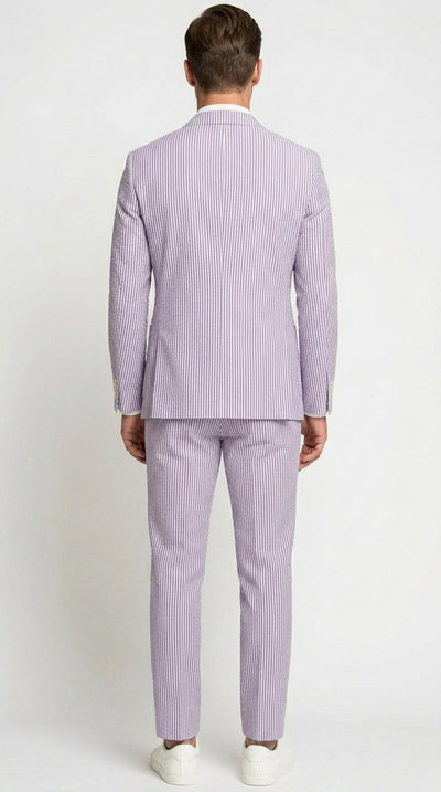 Menβs Lavender Seersucker 2 Piece Suit, Lightweight Summer Blazer and Pants Set for Weddings, Parties, Prom, and summer fabric