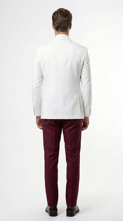 Menβs White and Burgundy 3 Piece Tuxedo Suit, Vested Formal Wedding Prom Dinner Suit Set bowtie included