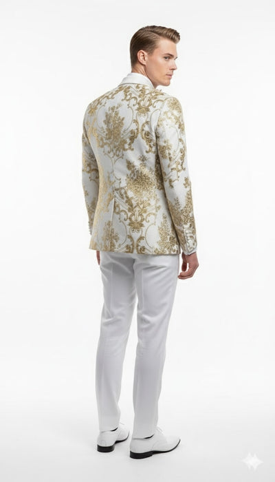 Mens White and Gold Floral Tuxedo Jacket with Satin Lapel – Luxury Prom, Wedding and Formal Dinner Blazer