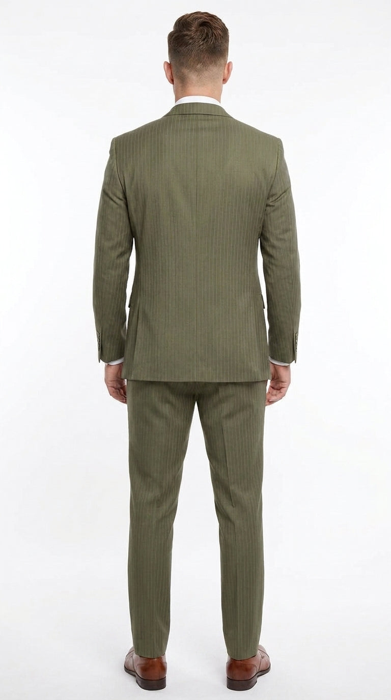 Men’s Olive Green Tone-on-Tone Shadow Pinstripe 3 Piece Suit – Modern Formal Suit with Vest Shadow Stripe