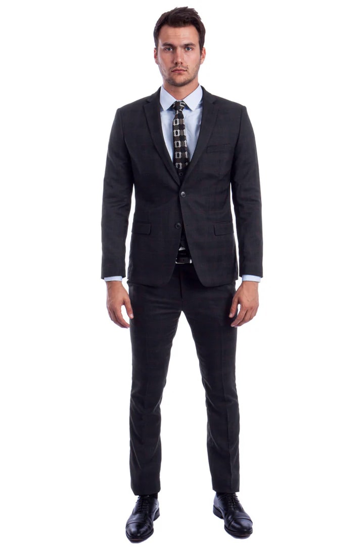 Skinny Fit Black Plaid Two Button Vested Suit