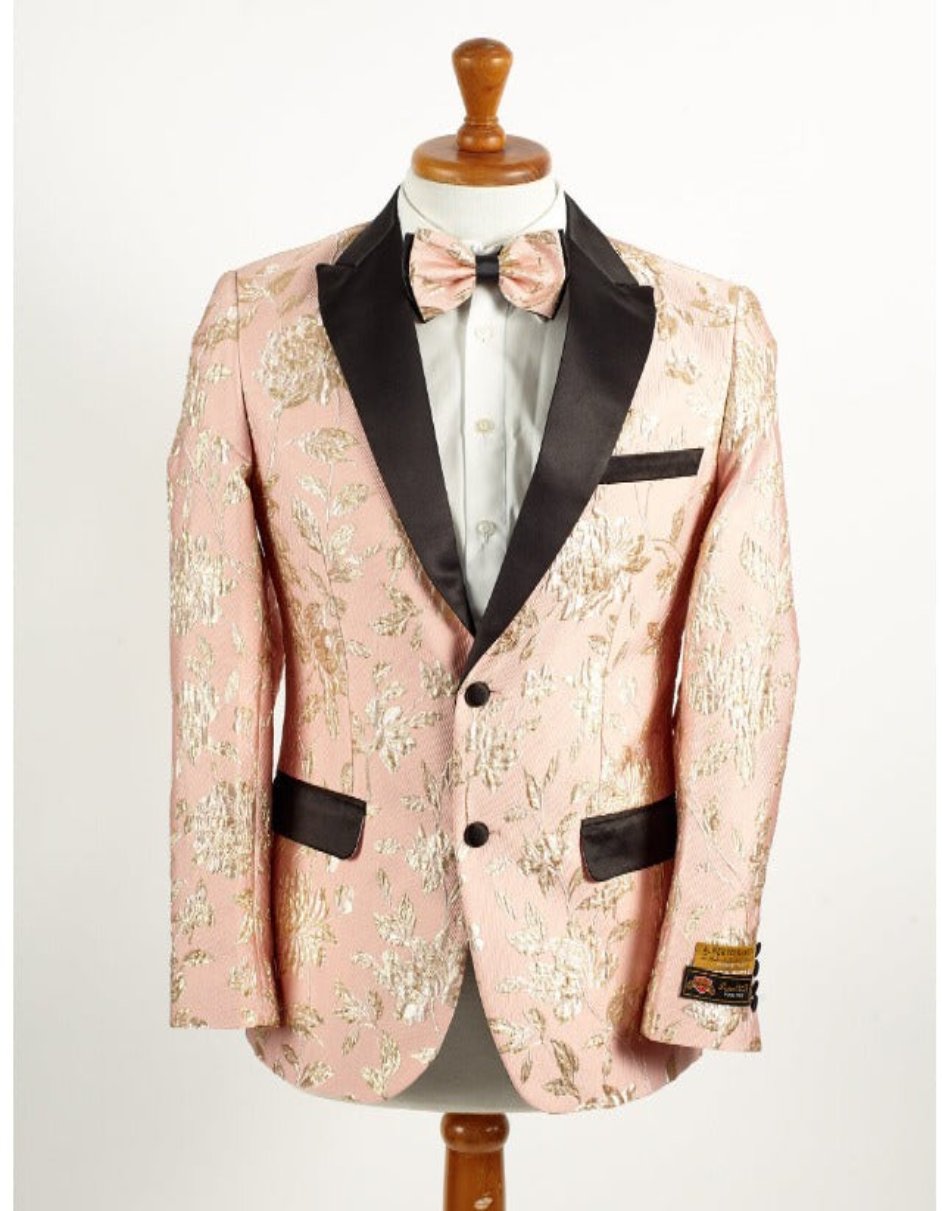 Light Pink & Gold Paisley Tuxedo Blazer Men