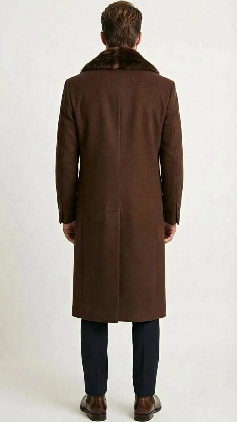 Men’s Brown Long Overcoat with Faux Fur Collar – Classic Winter Formal Coat Three Quarter Carcoat Wool and Cashmere Fabric