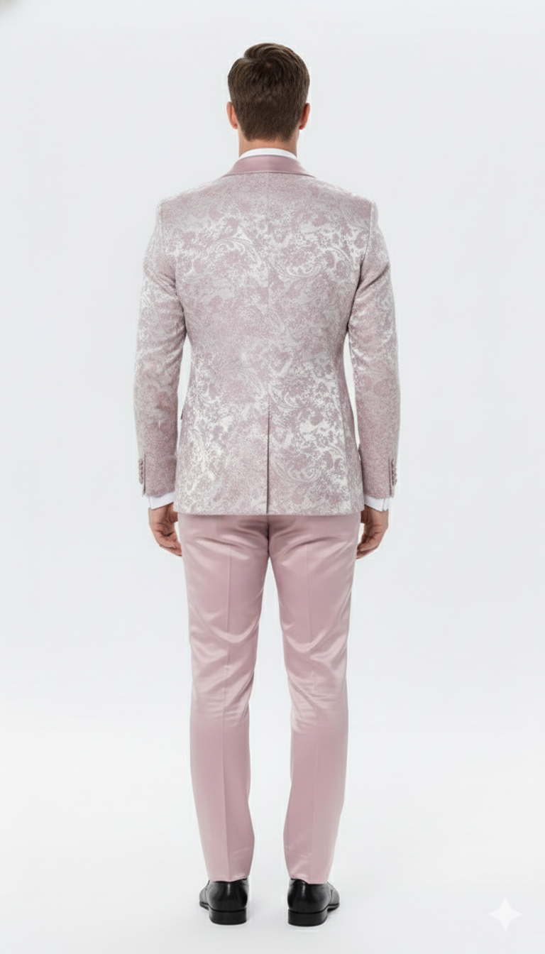 Men’s Light Pink Dusty Rose - Floral Tuxedo Suit – Luxury Satin Shawl Lapel 3-Piece Formal Wedding and Prom Suit in Blush Mauve color