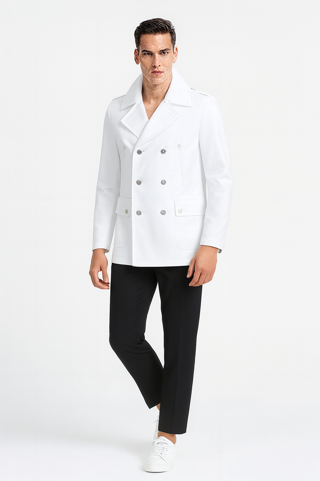 Men’s White Double-Breasted Wool Peacoat Slim Fit