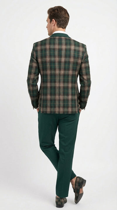 Mens Tartan Green and Brown Blue Plaid Tuxedo Dinner Jacket Set β Checkered Prom Blazer with Dark Green Pants Formal Wedding Party Wear