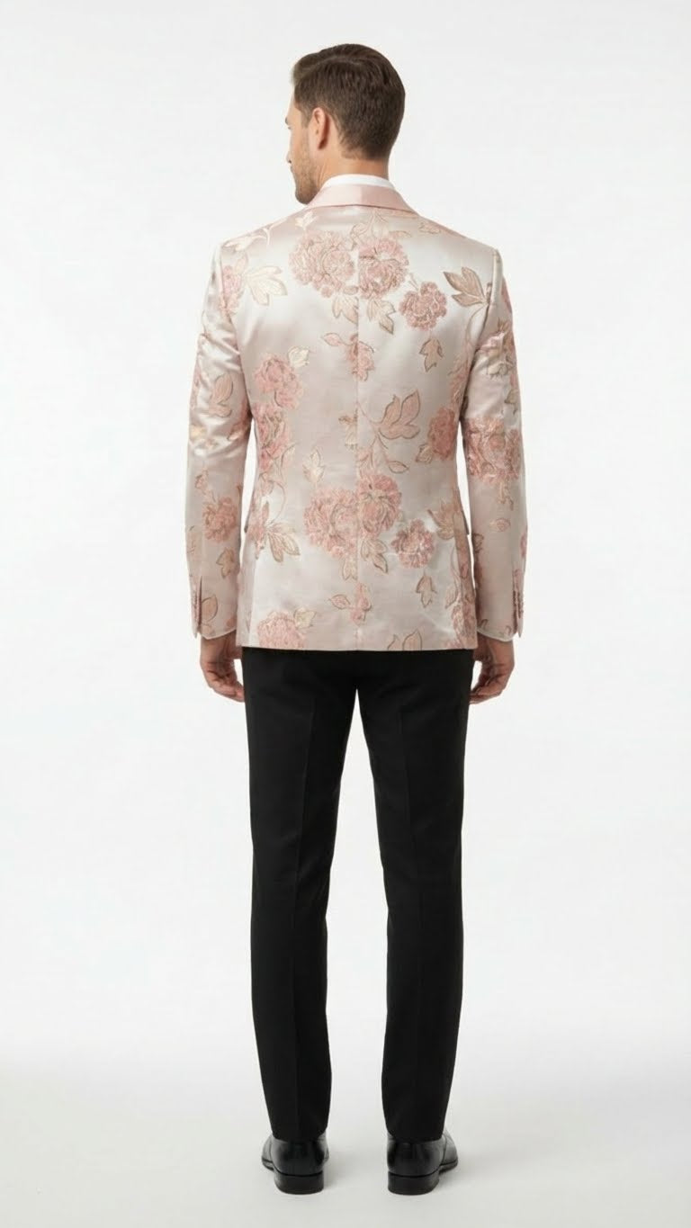 Men’s Pink Blush Floral Jacquard Blazer with Embellished Shawl Lapel – Luxury Party and Wedding Wear Jacket