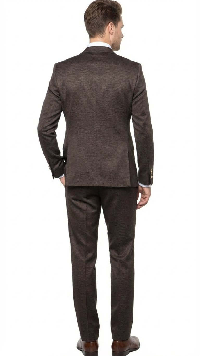 Men’s Chocolate Brown Textured 3-Piece Suit – Luxury Double-Breasted Vest Formal Set