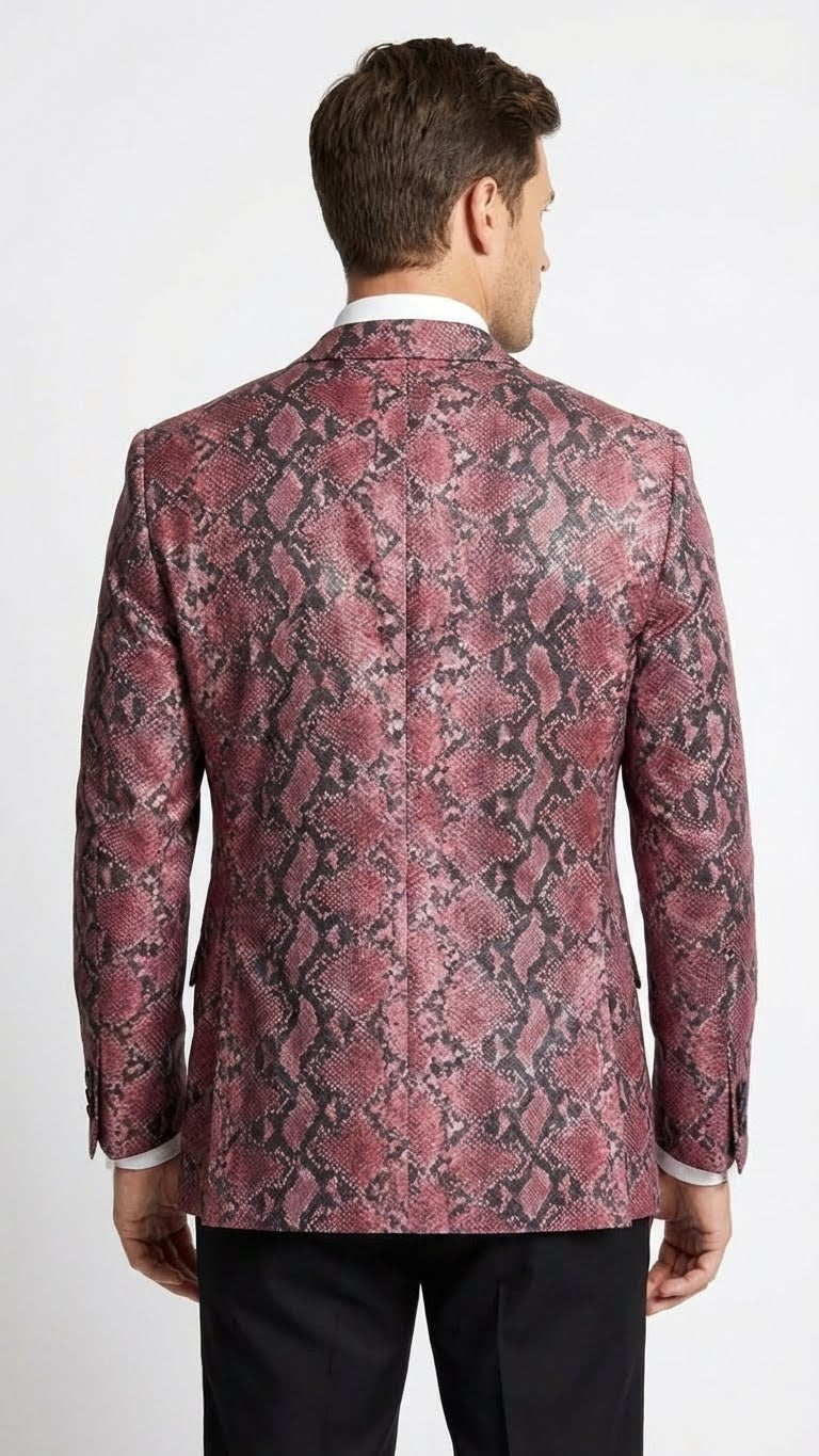 Men’s Burgundy and Black Snakeskin Print Blazer – Alligator Crocodile Sport Jacket Exotic Skin