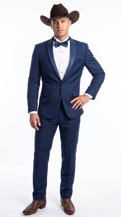 Menβs Saphire Indigo Blue Western Tuxedo Suit, Formal Wedding Prom Cowboy Tuxedo with Blue