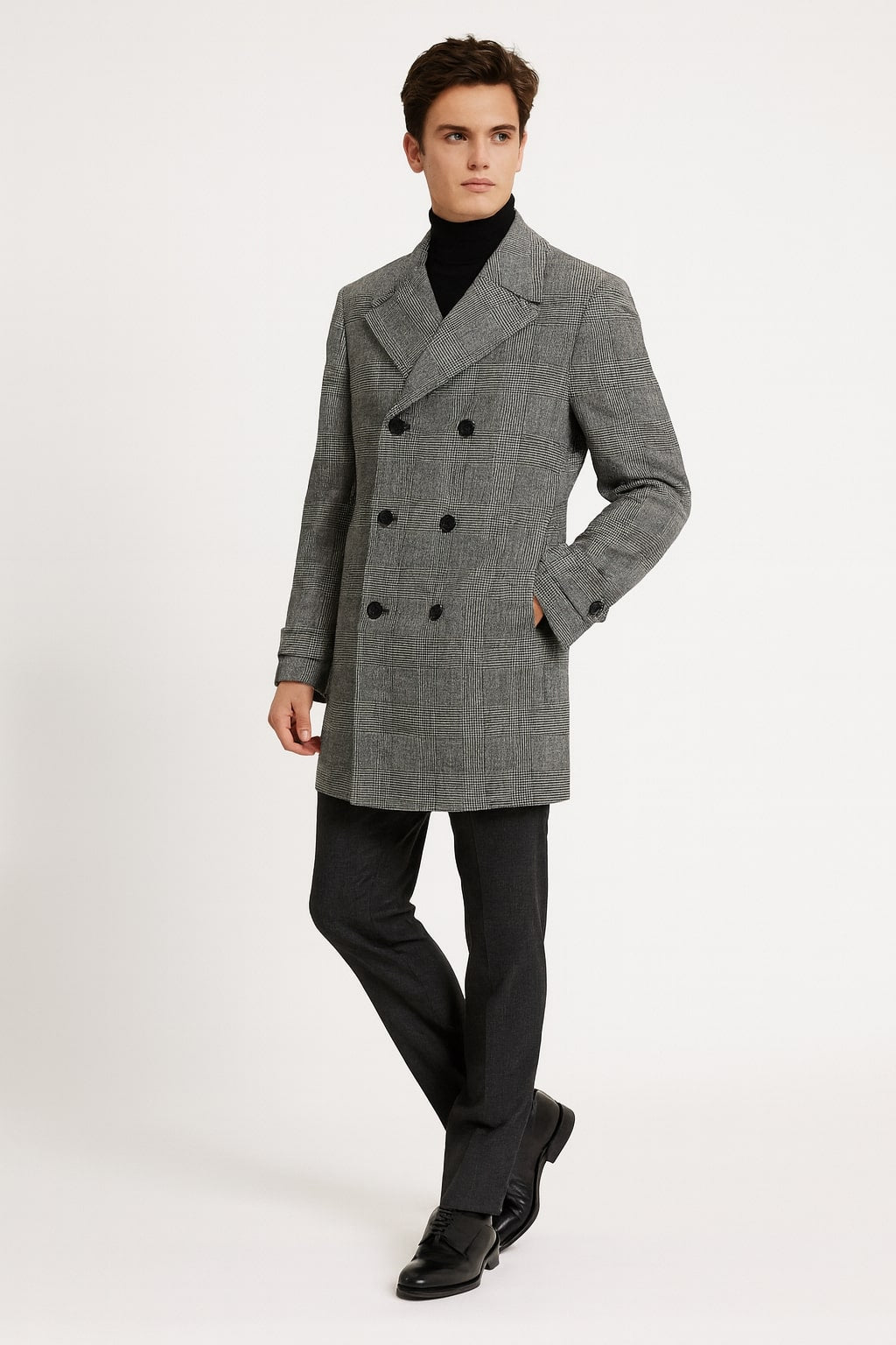Grey Plaid Double-Breasted Overcoat with Faux Fur Collar