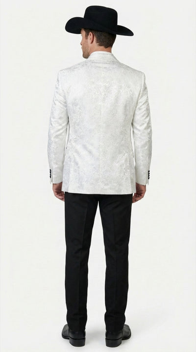 Menβs White Paisley Cowboy Tuxedo with Black Satin Lapel β Western Formal Wedding Suit Jacket