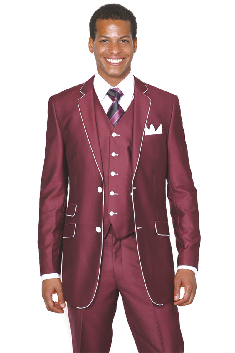 Burgundy Sharkskin Suit with Contrast Trim & Vest