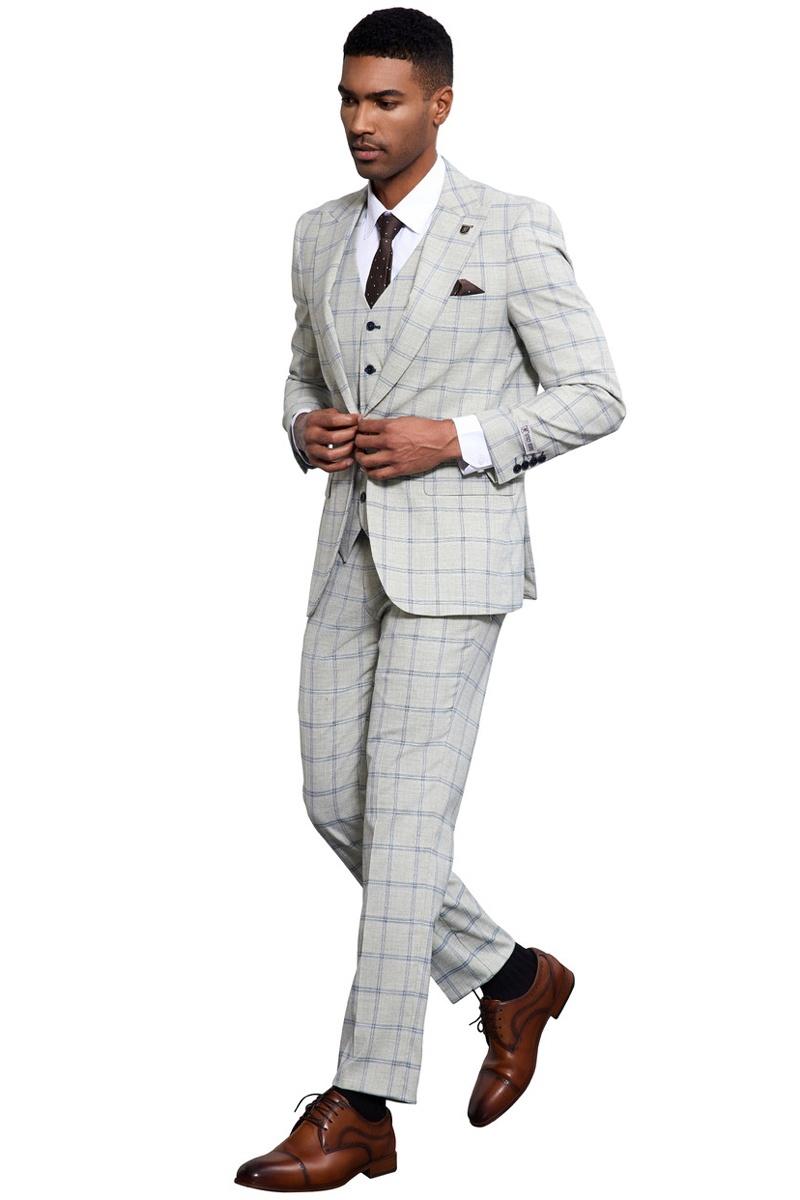Stacy Adams Grey & Blue Windowpane Plaid Suit