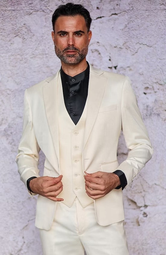 Slim-Fit Satin 3-Piece Suit for Men - Cream
