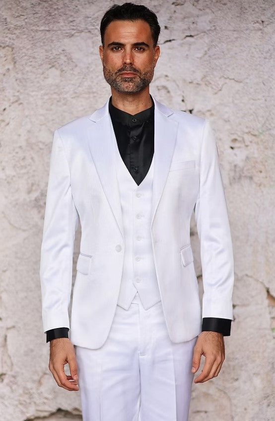 Men's Satin Slim 3-Piece Suit, White