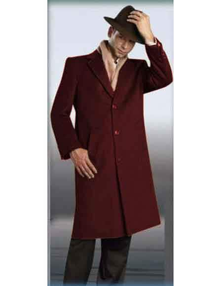 3 Button Burgundy Full Length Coat Long men's Dress Topcoat - Winter coat