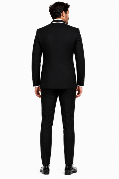 3-Piece Tailored Fit Wool Suit with Bow Tie and Flat Front Pants - Black