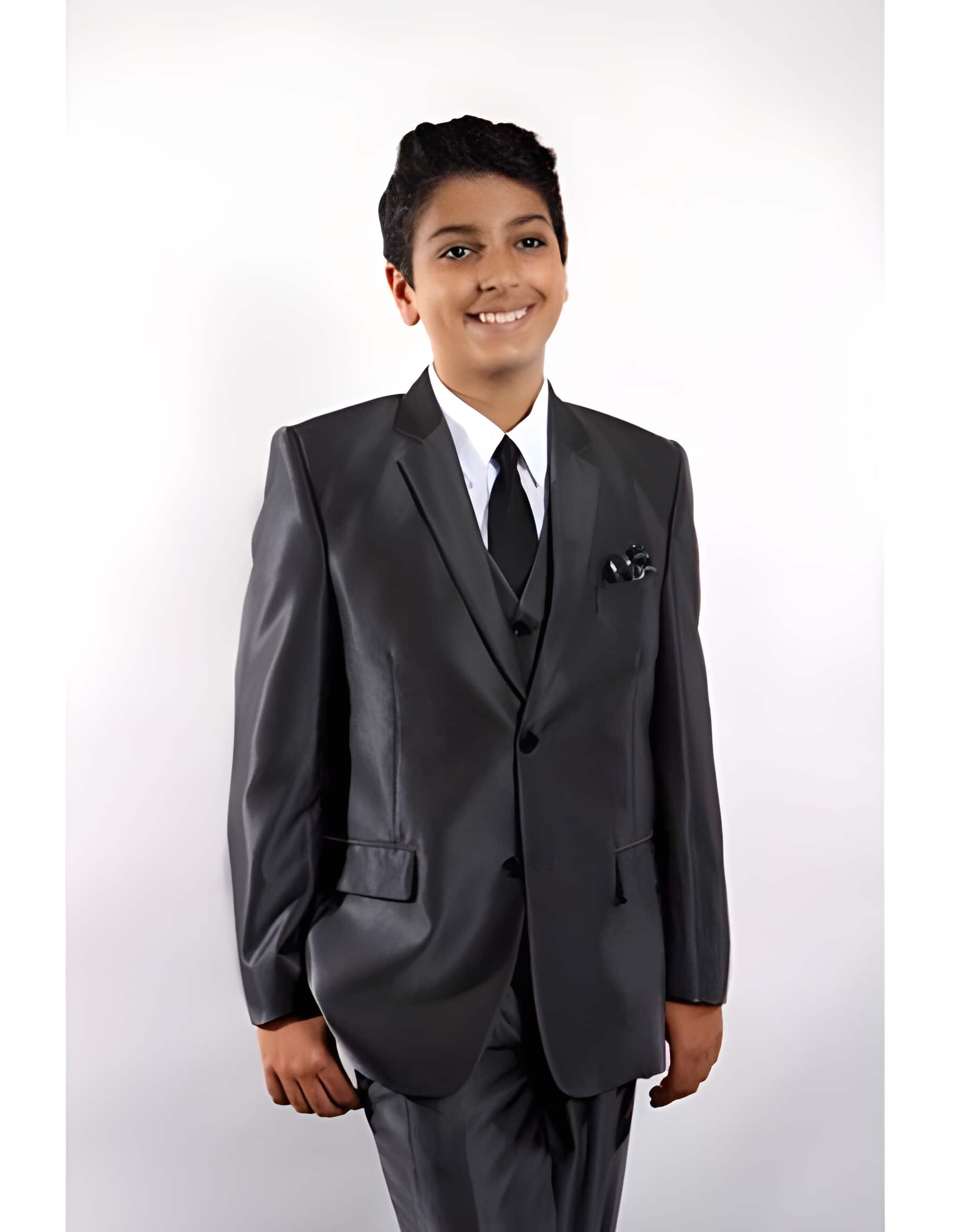 3 ~ Three Piece Black Toddler Suits for Weddings Vested w/Shirt, Tie & Hanky Stylish Sheen