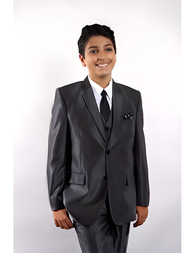 3 ~ Three Piece Black Toddler Suits for Weddings Vested w/Shirt, Tie & Hanky Stylish Sheen