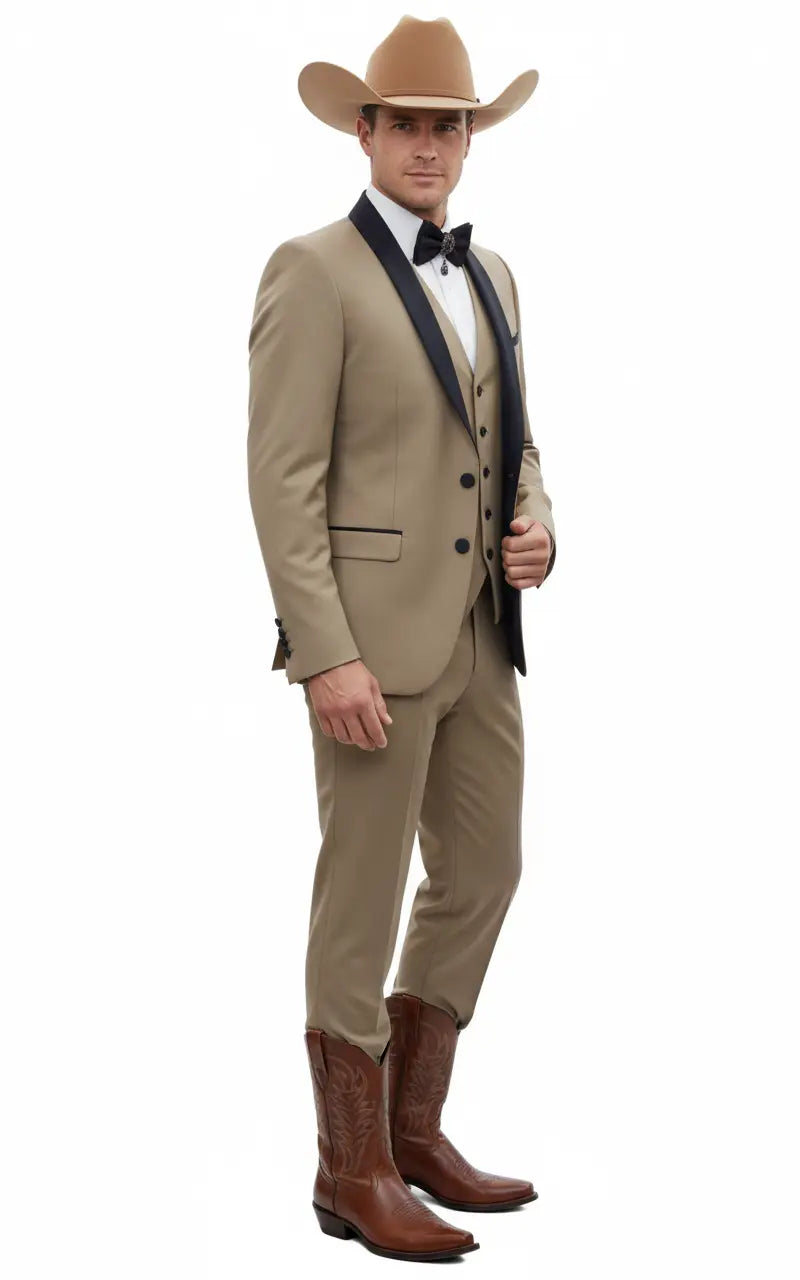 Men’s Western Cowboy Suit – 3-Piece Tan Tuxedo with Black Lapel, Vest, and Pants Beige Color
