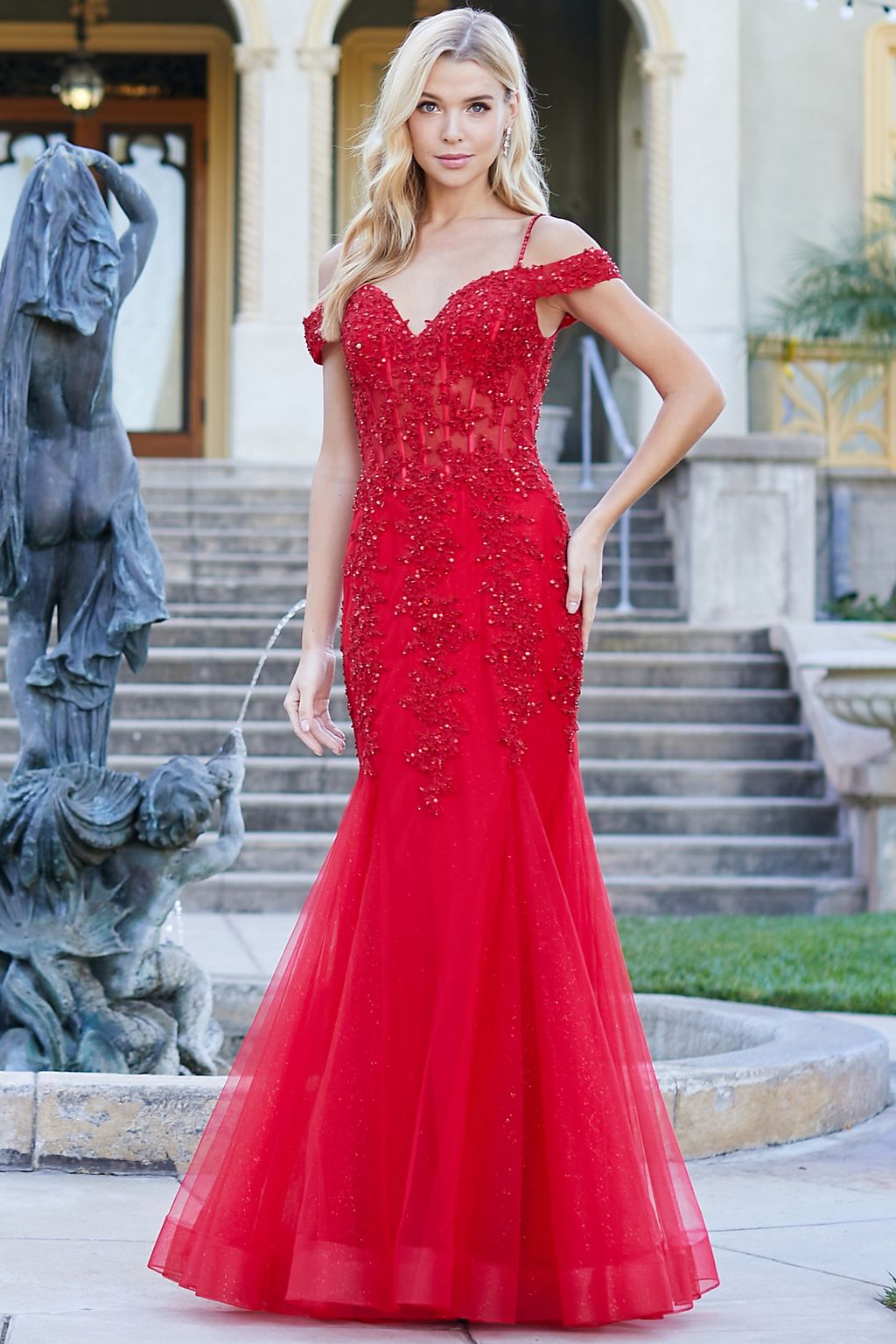 Adora Design 3005 Off Shoulder Beaded Lace Corset Prom Gown