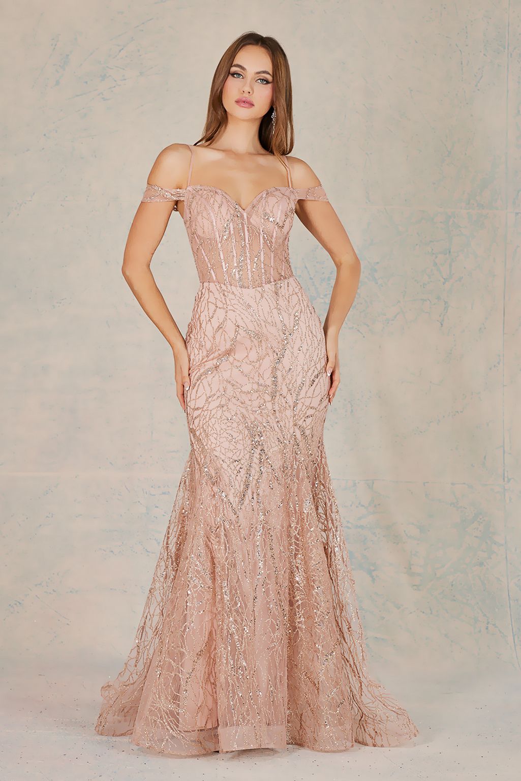 Adora Design 3075 Off Shoulder Glitter Mermaid Fitted Prom Gown