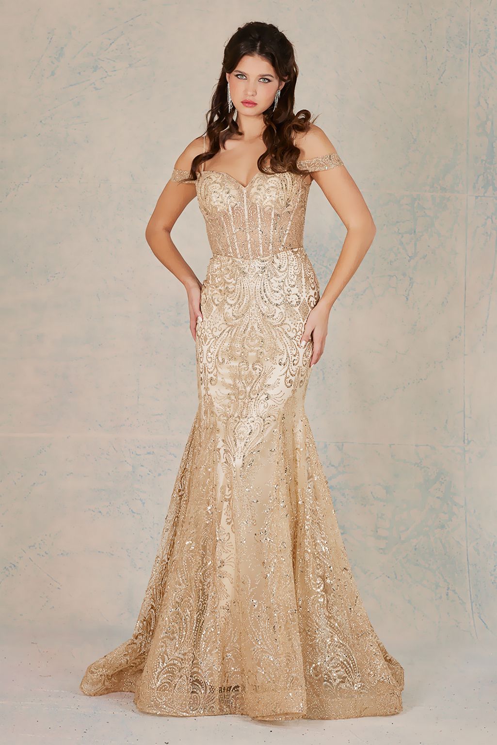 Adora Design 3076 Off Shoulder Glitter Sheer Boned Prom Gown