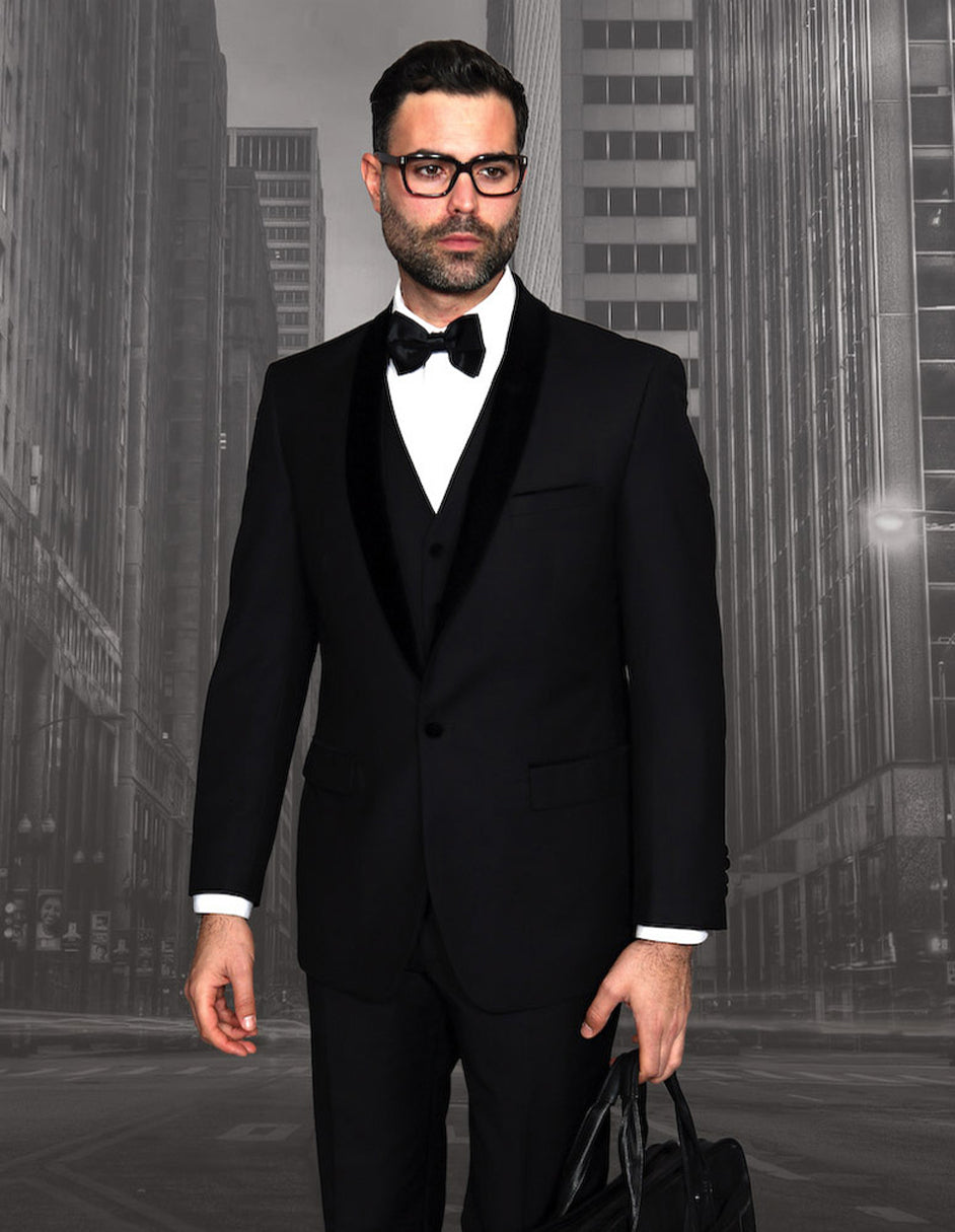 Mens Vested Wool Tuxedo with Velvet Shawl Collar