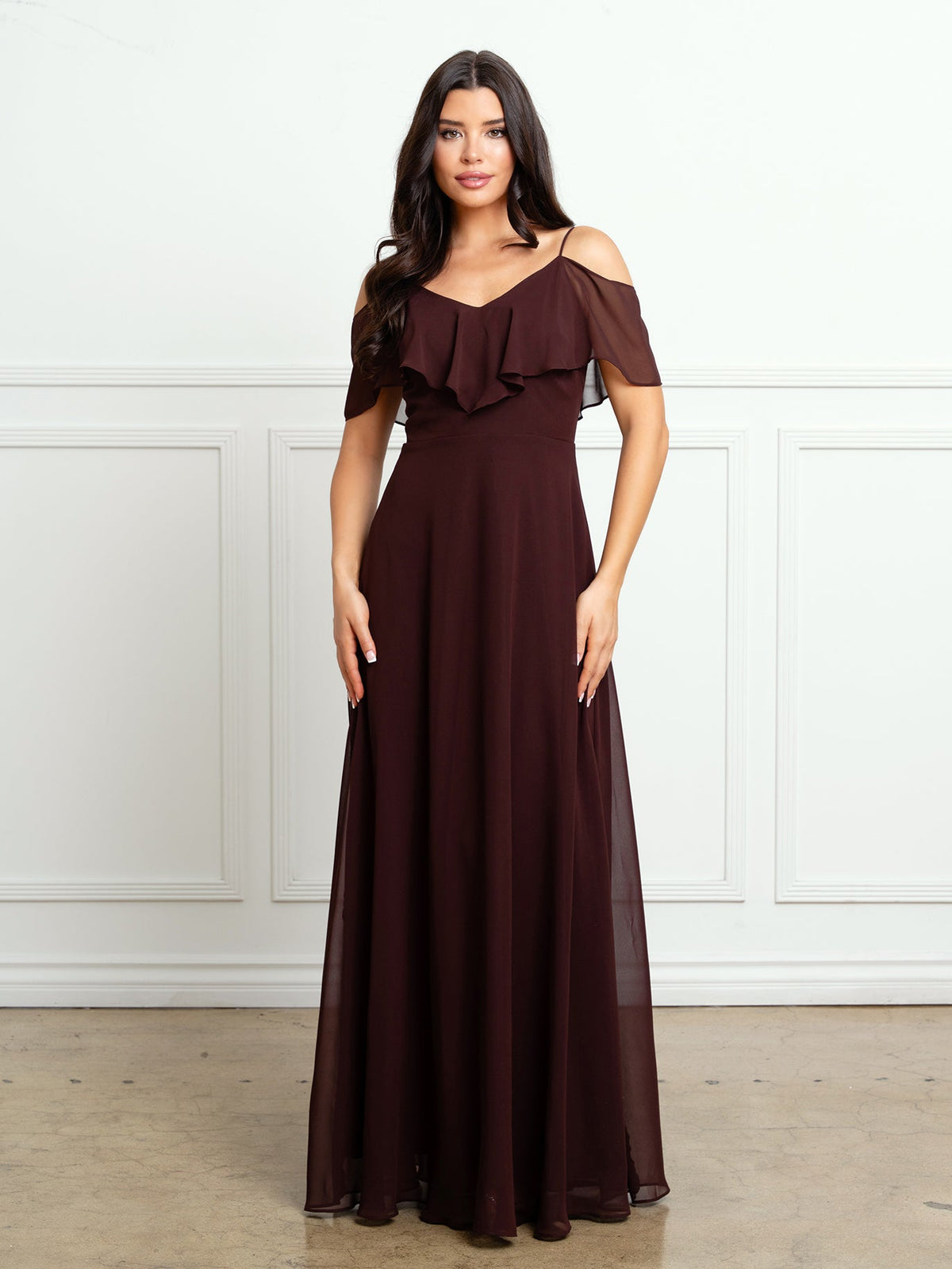 Cold Shoulder Chiffon Maxi Dress with Ruffle Overlay by Eva USA 3263