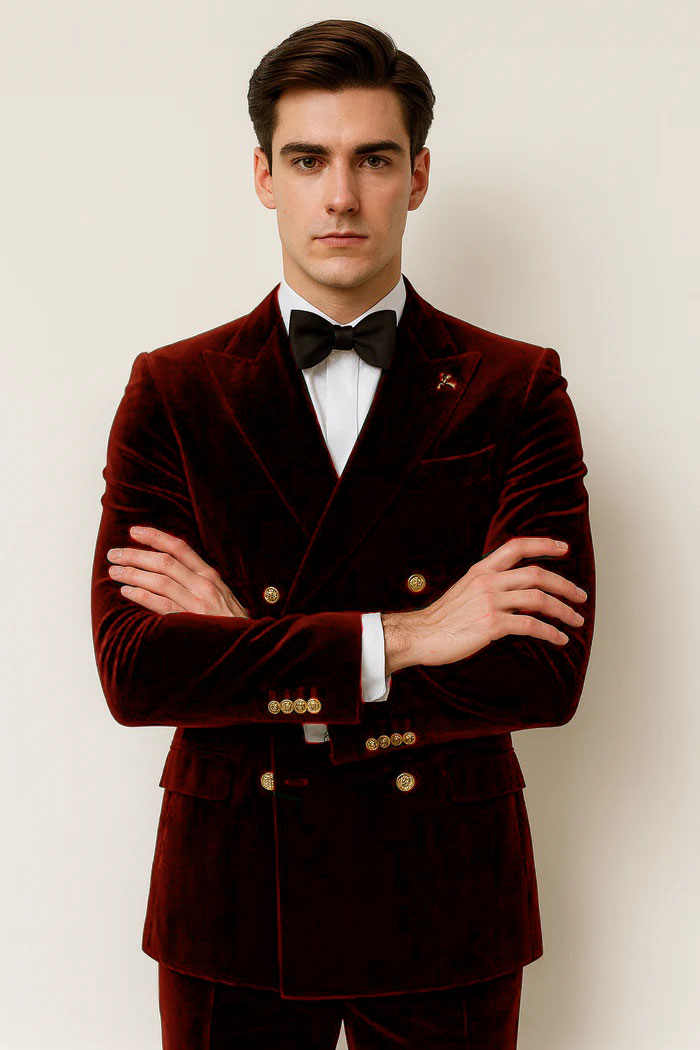 Mens Velvet Suit - Slim Fit Double Breasted Suit Blazer and Pants - Green