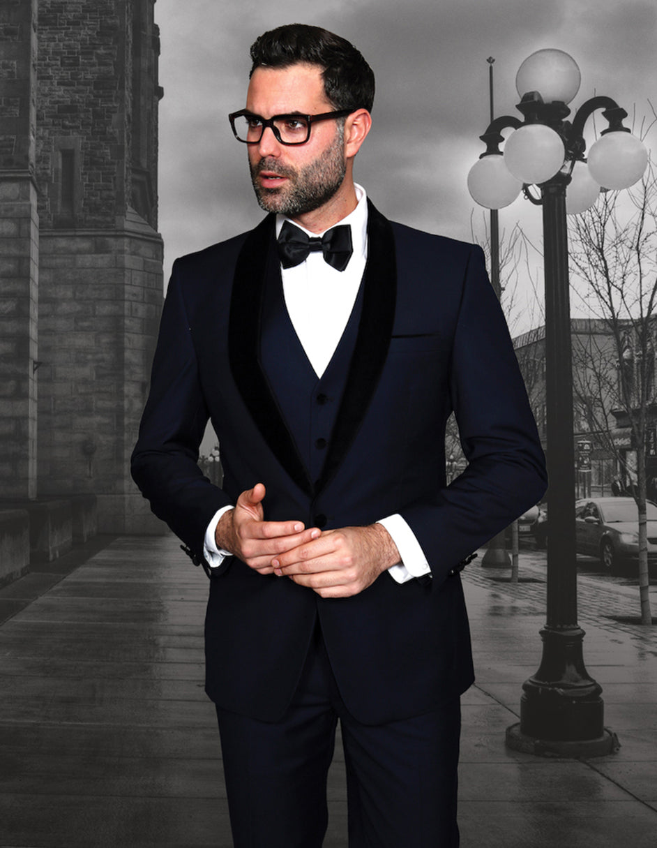 Vested Wool Tuxedo with Velvet Shawl Lapel - Navy