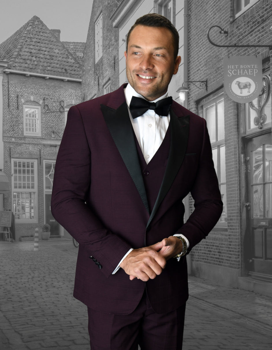 Burgundy 1 Button Peak Lapel Wool Tuxedo with Vest