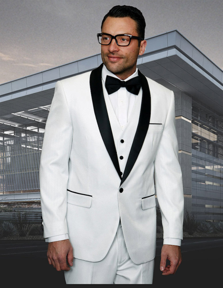 White Sharkskin Shawl Lapel Tuxedo with Vest