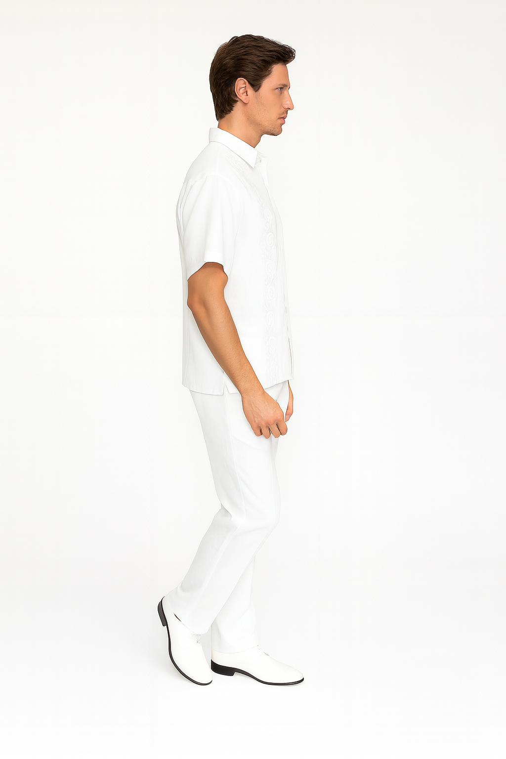 White Linen Embroidered Guayabera Set