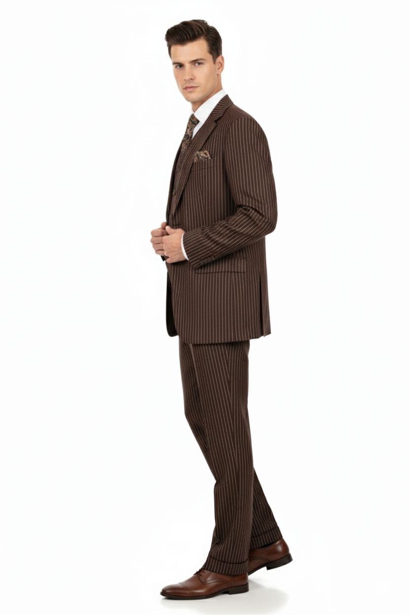 Men’s Brown Pinstripe 3-Piece Suit with Vest