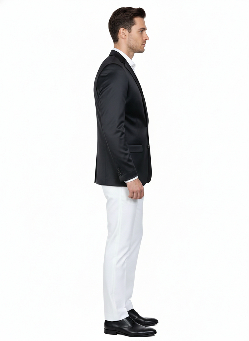Men’s Black Satin Slim Fit Two-Button Blazer