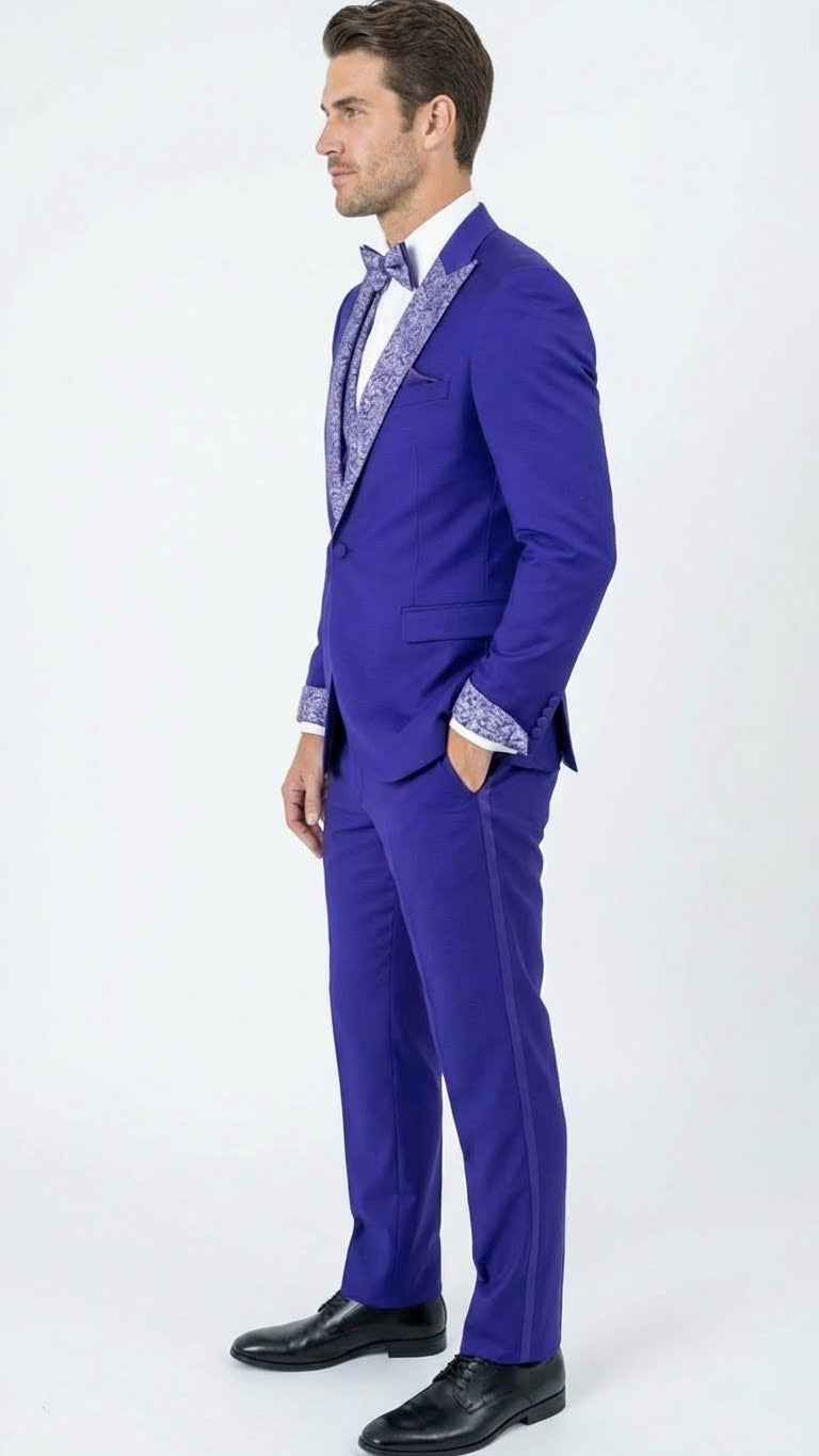 Men’s Purple and white sivler lapel Embellished Tuxedo Suit – Formal Wedding, Prom, and Gala Outfit Mardi Gras