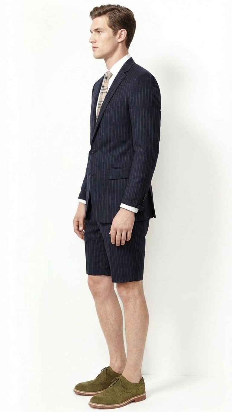 Men’s Dark Navy Blue Pinstripe or Black Pinstripe Summer Business Suit with Shorts Pants Set – Sport Coat Style Formal and Casual Outfit
