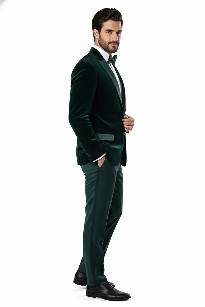 Men’s Dark Green Velvet Tuxedo Dinner Jacket – Slim Fit Formal Blazer with Satin Peak Lapel Lape