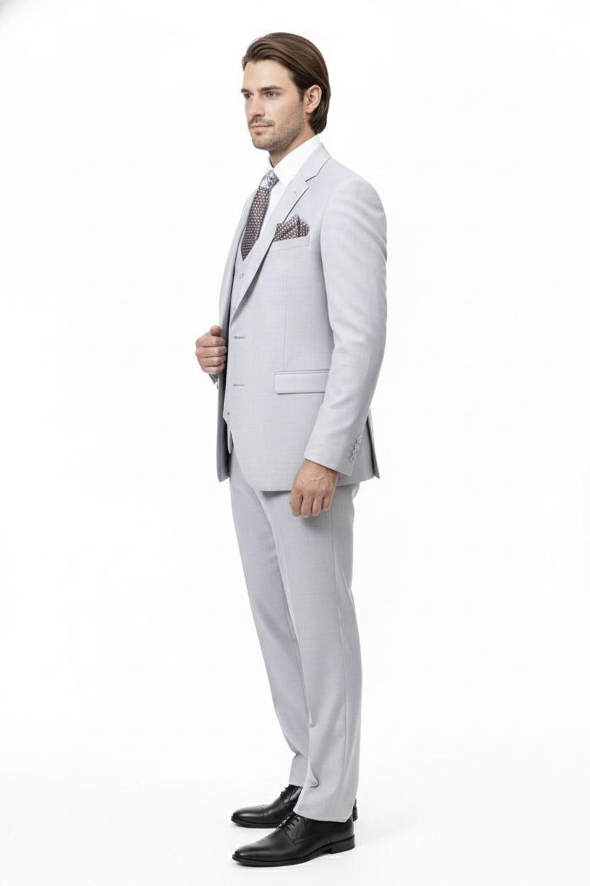 Men’s Very Light Gray Three-Piece Wedding Suit 2 Buttons Modern or Slim Fit Ash Bone Color Steel Grey