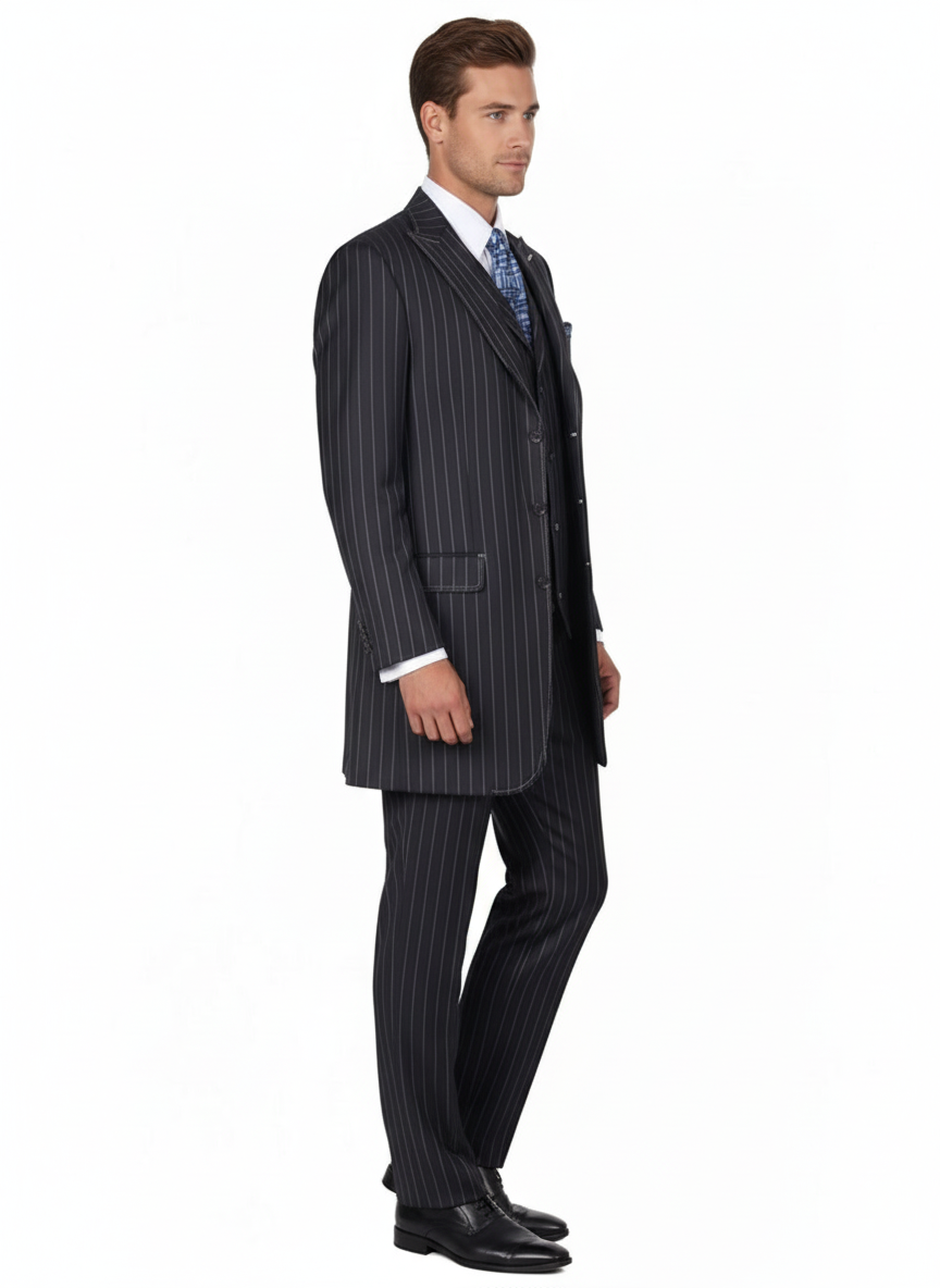 Men’s Three Button Suits - Navy Blue Pinstripe Three-Piece Suit – Classic Business and Formal Wear - Zoot Suit