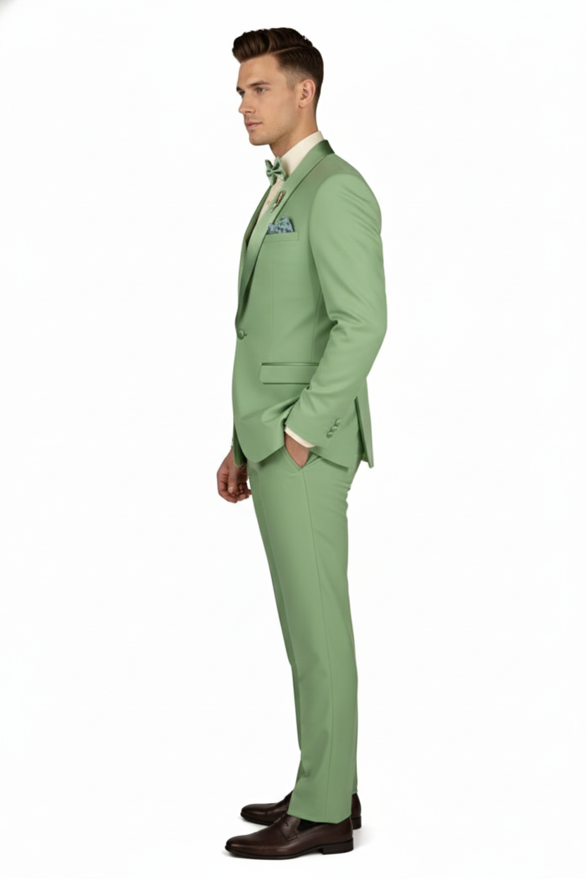 Men’s Mint Green Tuxedo – 2-Piece Formal Suit with Satin Shawl Lapel and Matching Bow Tie in Sage Green