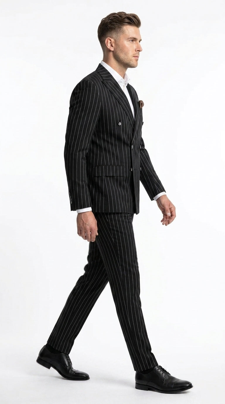 Men's Black Pinstripe Tuxedo Suit – Classic and 1920s Gangster Formal Wear Vintage 1940s 1930s Look
