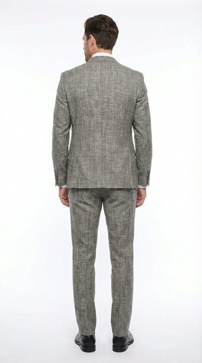 Vitali Brand Menβs Grey Textured Patterned 3 Piece Suit β Modern Fit Checkered Sharkskin with Blazer, Vest & Trousers, Business Wedding