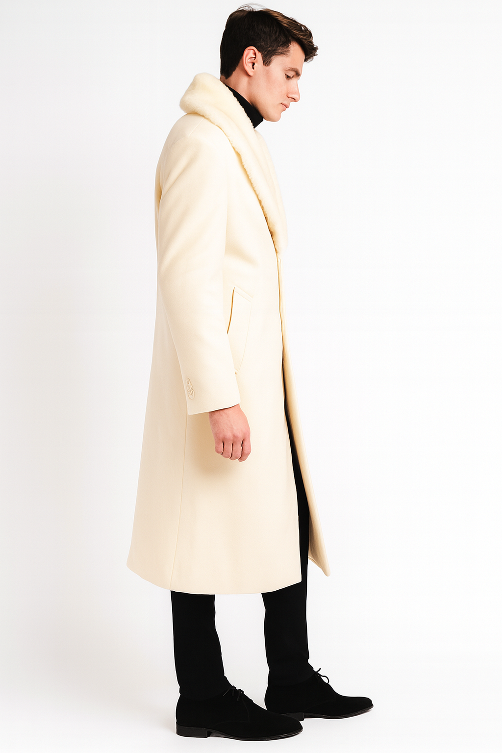 Ivory Full-Length Overcoat with Faux Fur Shawl Collar
