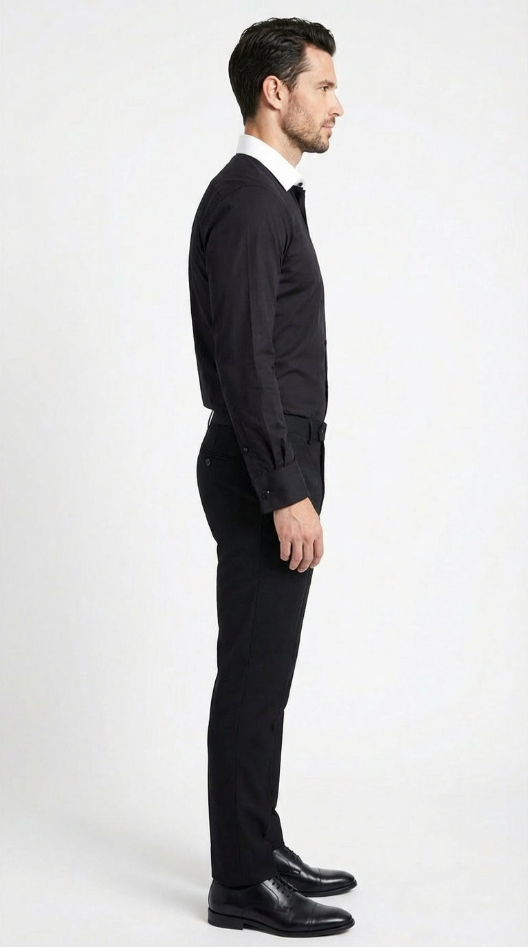Men’s Black Dress Shirt with White Contrast Collar | French Cuff Cotton Poplin Formal Button-Up Shirt