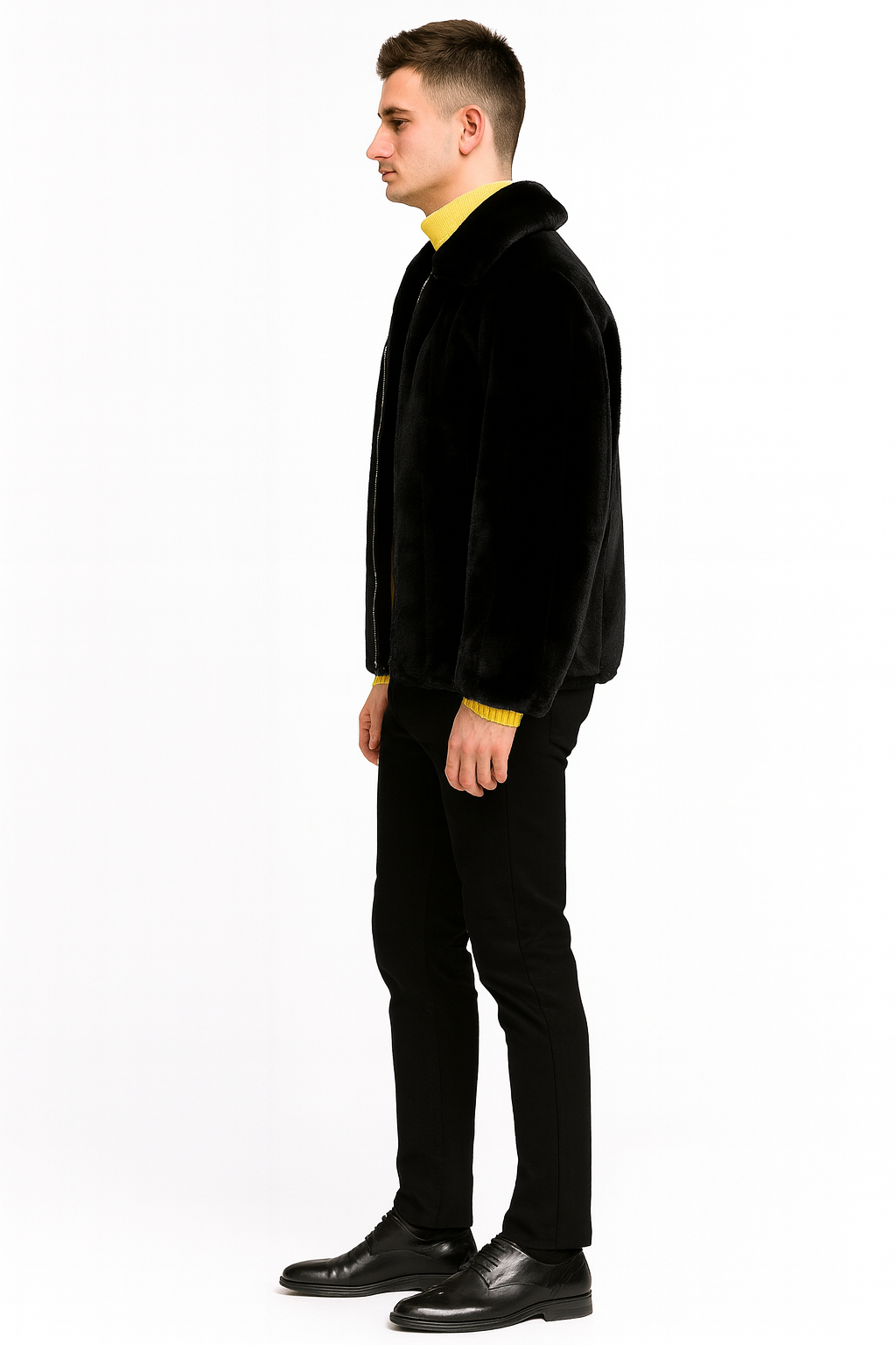 Men’s Black Faux Fur Zip-Up Jacket