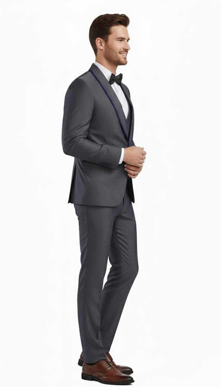 Charcoal Gray Slim Fit Suit with Blue Trim - 3 Piece